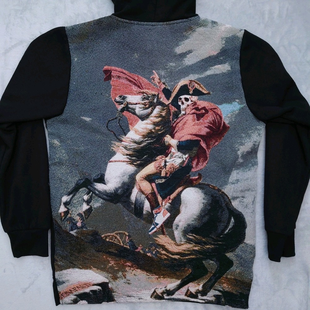 Rebel Vengeance Hoodie Mens M Black Skeleton Napoleon Horse Knit Tapestry Urban